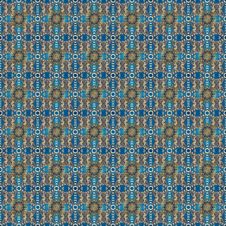 Antique golden repeatable wallpaper. Golden floral ornament in baroque style. Damask seamless pattern repeating background. Golden element on blue, gray and beige colors.の写真素材