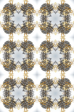 Ornate decoration. Raster illustration. Damask gold abstract flower seamless pattern on gray, white...