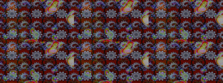 Elegance sketch pattern with ethnic flowers on gray and red colors. Raster Floral Illustration in...