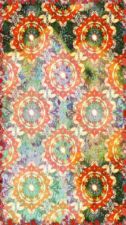 Decorative symmetry arabesque. Good for greeting card for birthday, invitation or banner. Raster illustration. Seamless medieval floral royal pattern. Gold on neutral and beige colors.の写真素材