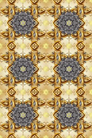 Seamless pattern on gray, brown and beige colors with golden elements. Classic vintage background....
