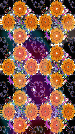 Cute flower raster pattern. Flowers on orange colors. Flat Flower Elements Design. Color Spring Theme sketch pattern Background.の写真素材