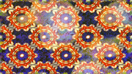 Raster abstract floral wreath from golden doodle fantasy leaves and flower on a orange colors. Hand drawn decorative frame, album cover, greeting card, vintage Art deco style.の写真素材