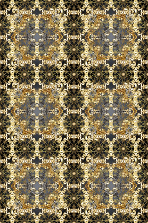 Seamless golden textured curls. Raster golden pattern. Brown, beige and yellow colors with gold elements. Oriental style arabesques. Raster illustration.の写真素材