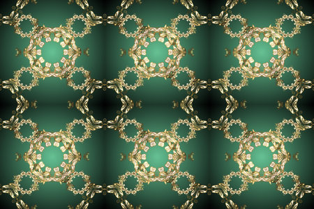Gold on green and blue colors. Decorative symmetry arabesque. Seamless medieval floral royal...