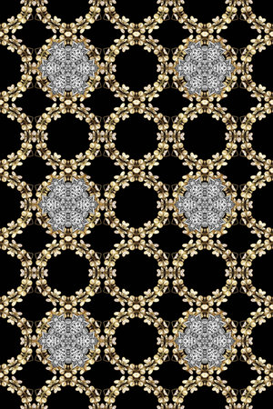 Seamless pattern on black, beige and brown colors with golden elements. Traditional oriental...
