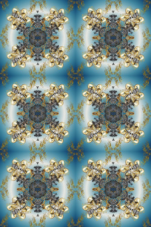 Traditional oriental ornament. Seamless pattern on blue, gray and neutral colors with golden...