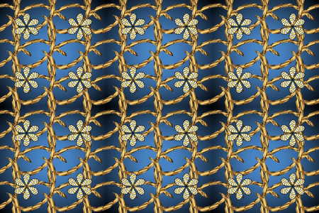Vintage seamless pattern on a blue, brown and gray colors with golden elements. Raster illustration.の写真素材
