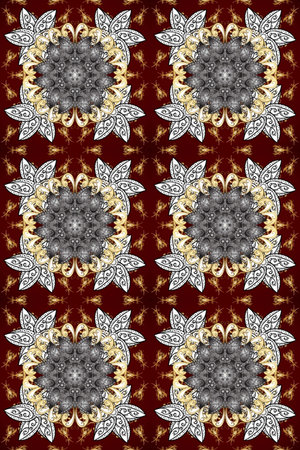 Golden snowflakes on brown, red and gray colors. Christmas golden snowflake seamless pattern. Winter snow texture wallpaper. Symbol holiday, New Year celebration raster golden pattern.の写真素材
