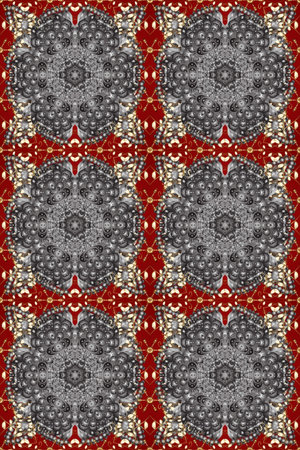 Patina. Small depth of field. Luxury furniture. Seamless element woodcarving. Furniture in classic style. Carving. Gray, red and brown backdrop with gold trim. Pattern with golden elements.の写真素材