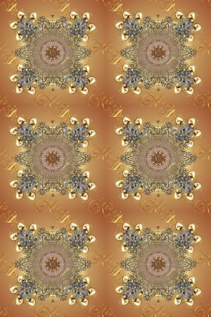 Golden pattern on beige, brown and neutral colors with golden elements. Seamless classic raster golden pattern. Classic vintage background. Traditional oriental ornament.の写真素材