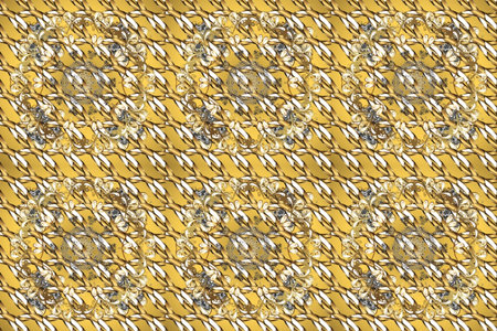 Raster oriental ornament. Golden pattern on brown, yellow and beige colors with golden elements. Traditional classic golden pattern. Seamless oriental ornament in the style of baroque.の写真素材