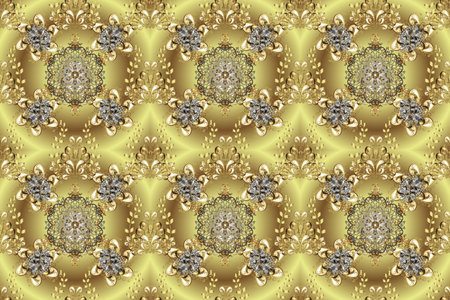 Seamless oriental ornament in the style of baroque. Traditional classic golden raster pattern on neutral, brown and beige colors with golden elements.の写真素材