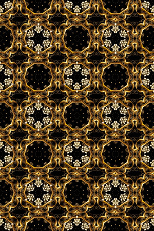Damask seamless pattern for design. Raster seamless pattern on black, brown and beige colors with golden elements.の写真素材