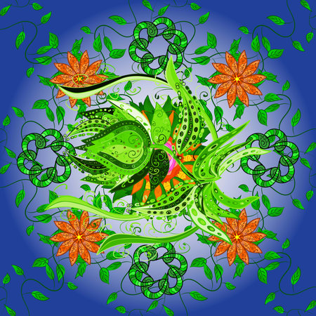 Floral pattern in doodle style with flowers. Flowers on blue and green colors. Gentle, nice floral background.の写真素材