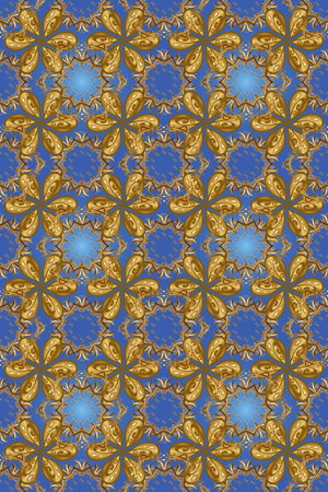 Golden pattern on blue, brown and yellow colors with golden elements. Raster traditional orient ornament. Seamless classic golden pattern.の写真素材