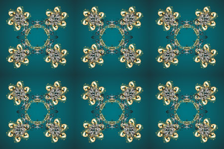 Classic vintage background. Seamless pattern on blue, green and gray colors with golden elements....