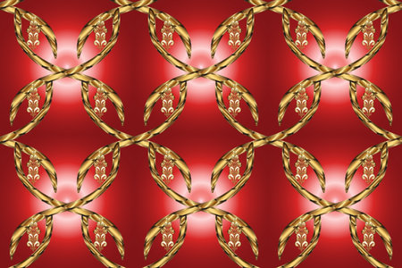 Vintage seamless pattern on a red, brown and beige colors with golden elements.