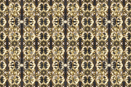 Raster seamless pattern on gray, brown and black colors with golden elements. Damask seamless...