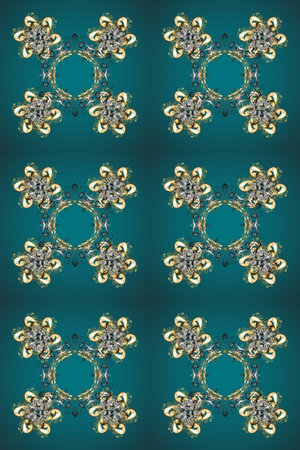 Seamless pattern on blue, green and gray colors with golden elements. Raster illustration. Classic...
