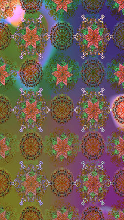 Brown and green hand drawn pattern. Art inspibrown and green style flowers and leaves background. Doodle flowers seamless pattern. Raster pattern.の写真素材