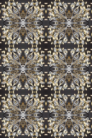Raster illustration. Vintage seamless pattern on a gray, beige and brown colors with golden...