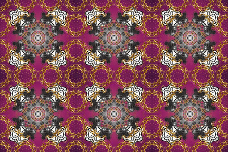 Stylish graphic pattern. Seamless raster background. Wallpaper baroque, damask. Floral pattern. Golden elements on brown, gray and purple colors.の写真素材