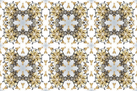 Golden floral seamless pattern. Damask background. Gold floral ornament in baroque style. Golden element on a gray, white and neutral colors.の写真素材