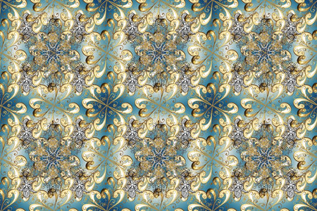 Gold metal with floral pattern. Seamless golden pattern. Neutral, beige and blue colors with golden...