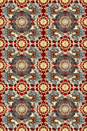 Abstract wallpaper, wrapping decoration. Raster golden pattern on beige and brown colors. Symbol of winter, Merry Christmas holiday, Happy New Year. Golden snowflake simple seamless pattern.の写真素材