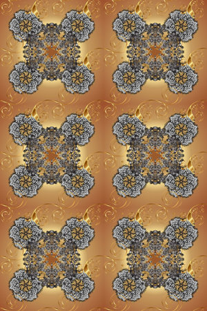 Wallpaper baroque, damask. Floral pattern. Seamless raster background. Golden elements on gray,...