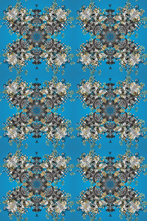 Seamless textured curls. Raster golden pattern. Oriental style arabesques golden pattern on a blue,...