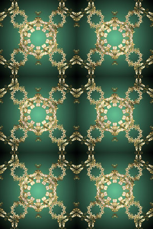 Gold on green and blue colors. Decorative symmetry arabesque. Seamless medieval floral royal...