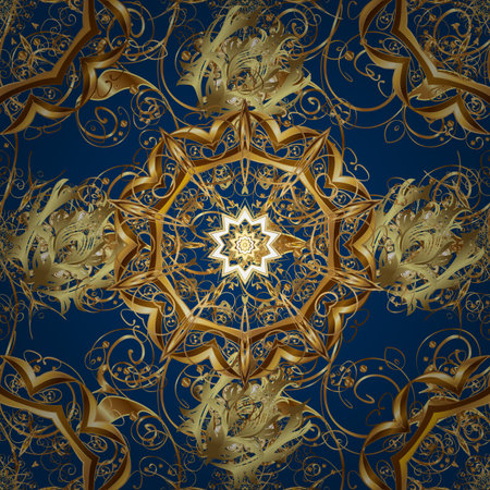 Seamless pattern on pleasant colors with golden elements. Seamless classic raster golden pattern. Traditional oriental ornament. Classic vintage background. Raster illustration.の写真素材