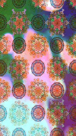 Abstract seamless pattern on neutral and green colors with bright flowers. Elegant raster texture...
