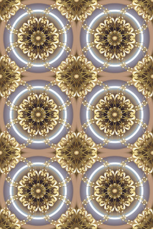 Decorative symmetry arabesque. Raster illustration. Good for greeting card for birthday, invitation or banner. Gold on brown and beige colors. Seamless medieval floral royal pattern.の写真素材