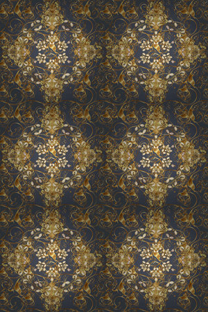 Classic raster golden seamless pattern. Floral ornament brocade textile pattern, glass, metal with...