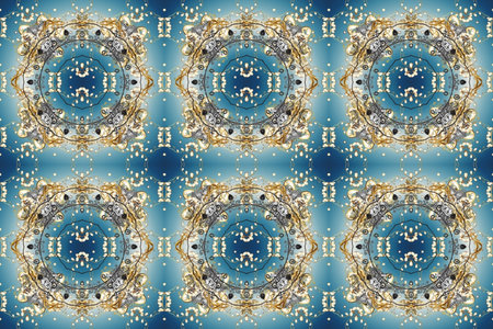Seamless vintage pattern on blue, neutral and gray colors with golden elements.