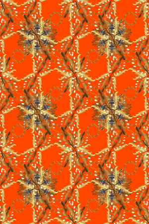 Seamless pattern on orange and brown colors with golden elements. Classic vintage background....