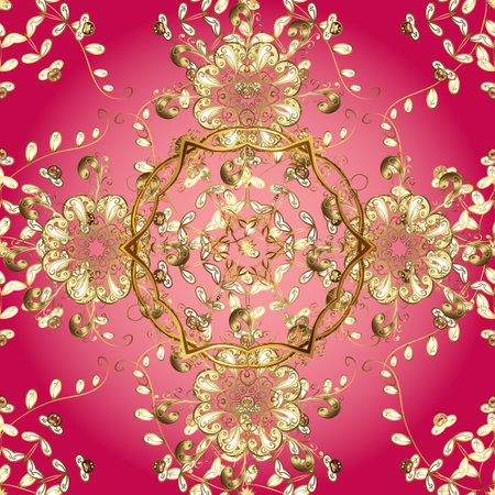 Traditional arabic decor on pleasant colors. Ornamental lace tracery. Golden ornate illustration for wallpaper. Raster seamless pattern with floral ornament. Vintage design element in Eastern style.の写真素材