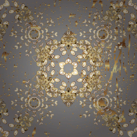 Seamless golden texture curls. Oriental style arabesques. Brilliant lace, stylized flowers, paisley. Openwork delicate golden pattern. seamless pattern on pleasant colors with golden elements. Raster illustration.の写真素材