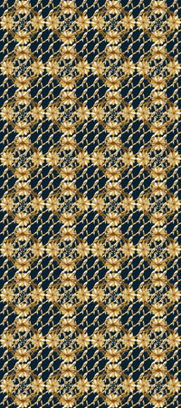 Raster abstract background with golden repeating elements on a blue, brown and yellow colors. Seamless oriental classic golden pattern.の写真素材