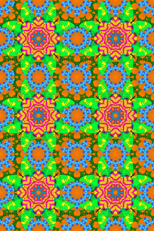 Raster abstract pattern page for antistress. Raster illustration. On green, orange and blue colors.