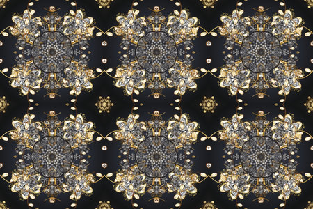 Traditional raster and golden pattern. Damask seamless ornament. Classic oriental pattern over gray,...
