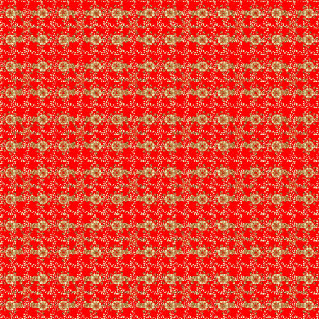 Golden elements on red, orange and beige colors. Seamless raster background. Wallpaper baroque, damask. Stylish graphic pattern. Floral pattern.の写真素材