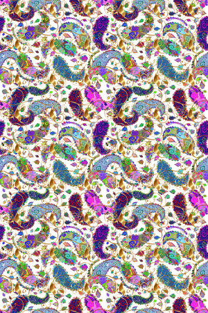 Seamless pattern on blue, black color with golden elements. Seamless golden texture curls. Brilliant lace, stylized flowers, paisley. Raster. Oriental style arabesque. Openwork delicate golden patternの写真素材