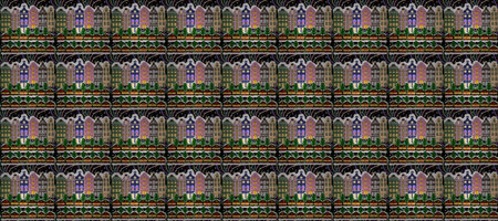 Colorful raster illustration of old European townhouses with festive confetti background. Decorative...