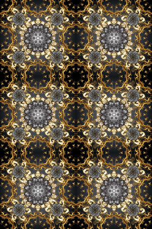 Seamless golden pattern. Seamless pattern on gray, brown and beige colors with golden elements. Raster oriental ornament.の写真素材