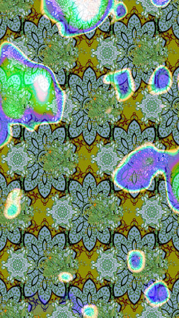 Sketch flowers pattern. Flowers on green and blue colors. Flat Flower Elements Design. In Asian textile style. Color Spring Theme sketch pattern Background. Raster illustration.の写真素材