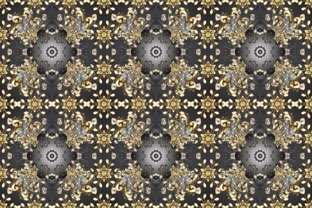 Damask seamless pattern for design. Raster seamless pattern on gray, beige and brown colors with golden elements.の写真素材